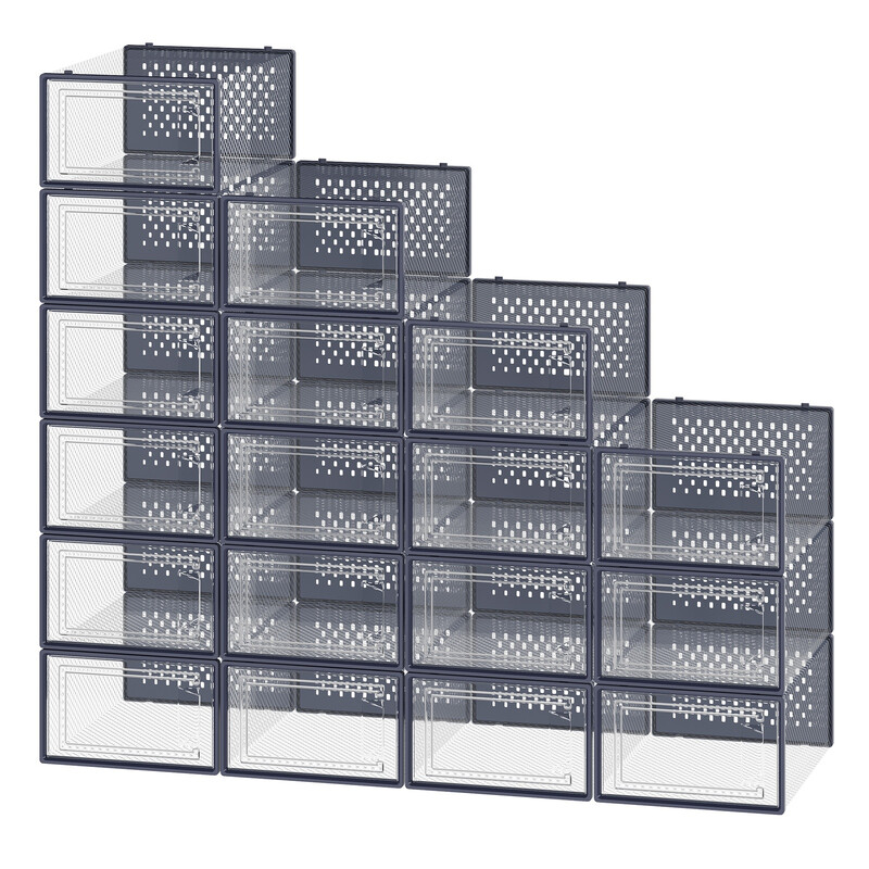 JOYFURNOS Set van 18 stapelbare sneakers opbergdozen, transparante plastic schoenenorganizers voor kledingkast, blauw en transparant