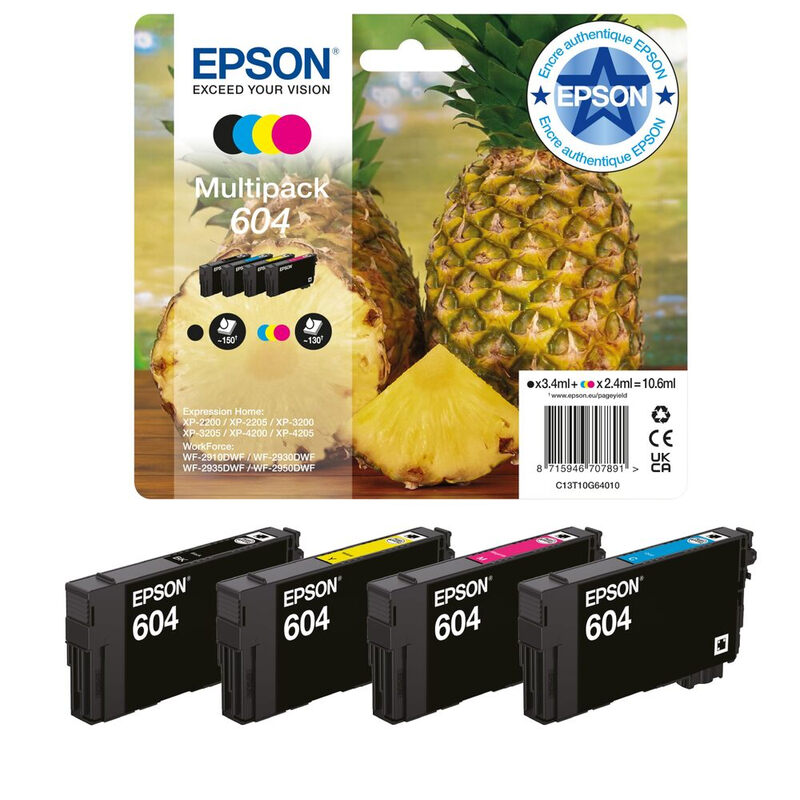 Epson Encre originale 604 Ananas, Lot multiple 4 couleurs standard, XP-2200 XP-2205 XP-3200 XP-4205 WF2910DWF WF2930DWF WF2950DWF, Tarifs d’encre ReadyPrint Flex