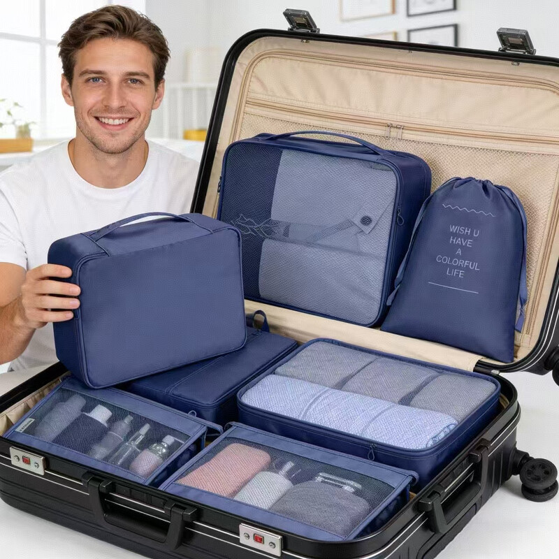 Navy Blue Travel Bag, Clothing Storage Bag, Toiletry Bag, Travel Organization Set (8