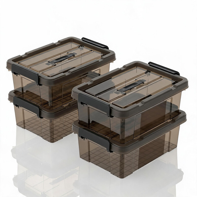SPACEXPERT Tragbare transparente braune Kunststoff-Aufbewahrungsboxen mit Deckeln, Organizer-Container mit Griff und Clips, 12 L x 4, Größe: 42 x 29,5 x 17 cm