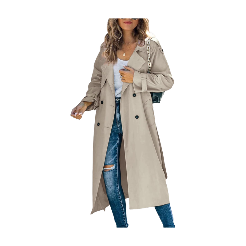Women's Double Breasted Long Trench Coat Windproof Classic Lapel Slim Overcoat with Belt (khaki, S)