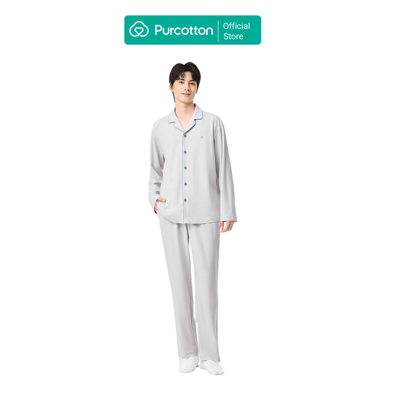 Men's Antibacterial Knit Loungewear Set, Cloud Gray, Top: UK 38 (M); Bottom: UK 33 (M)