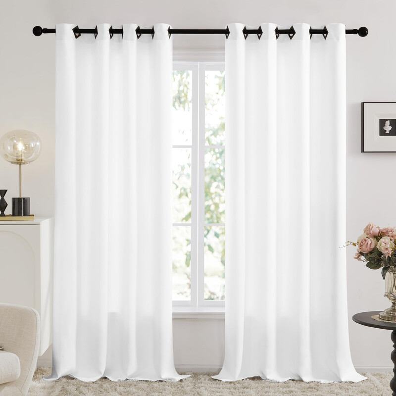 Blackout Plain Fabric 8 Black Square Grommet No Tie Curtain， 2Pcs W132xL214 White