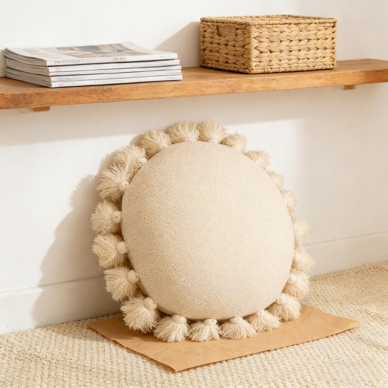, Acrylic Fringed Round Cushion, 45x45cm, ivory, 1pack