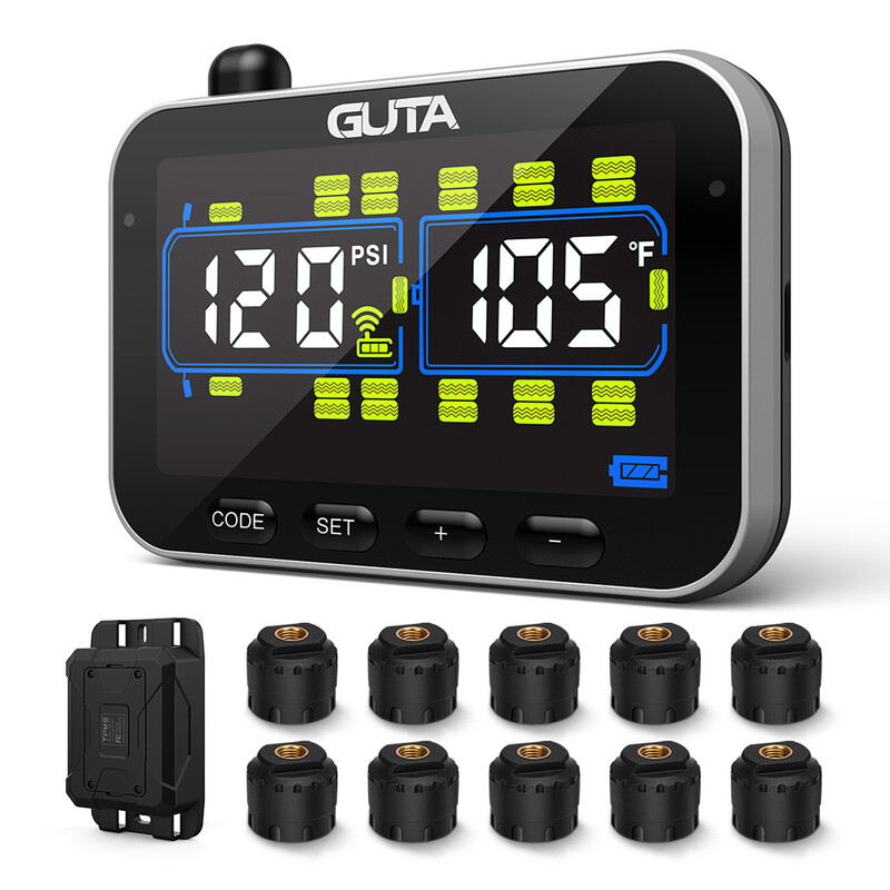 GUTA bandenspanningscontrolesysteem voor campers/aanhangwagens met 10 sensoren, 0-188PSI real-time monitoring, 6 alarmen, LCD-kleurenscherm, repeater, langeafstandscommunicatie, ondersteunt maximaal 24 banden, GT20C+10GS02+GB30