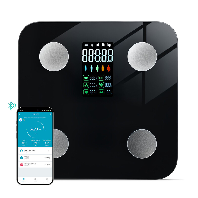 Sparoma ZJ08 Digital Bathroom Scale with Color LCD– Battery-Powered (4×AAA Not Included), Bluetooth Body Fat&Heart Rate Monitor with App Tracking