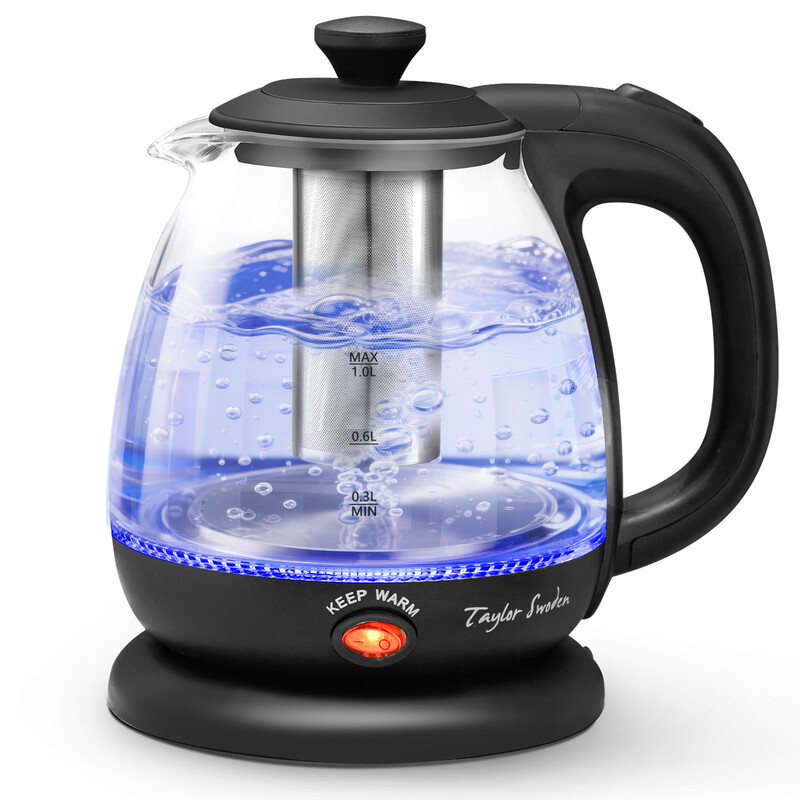 Taylor Swoden Elektrischer Wasserkocher Glas & Kunststoff 2200W 1,0 L, mit isoliertem Teefilter schwarz VDE