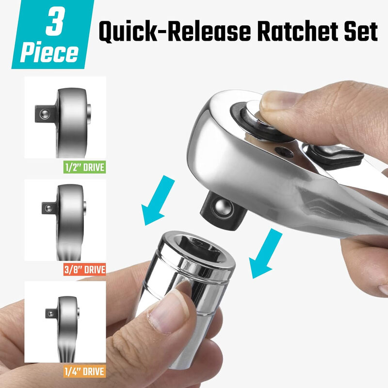 DURATECH 3-delig ratchet-set, 1/4", 3/8", 1/2", 72 tanden, met snelontgrendelingsmechanisme en omkeerbaar ontwerp, gemaakt van verchroomd legeringstaal, volledig gepolijst, georganiseerd in opbergdoos