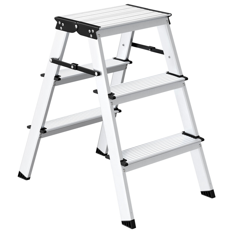 JOYFURNOS Leiter, 3 Stufen Aluminiumlegierung, PP-Kunststoff, Stahlleiter, Mehrzweck, Max. Belastbarkeit 150 kg, Silber