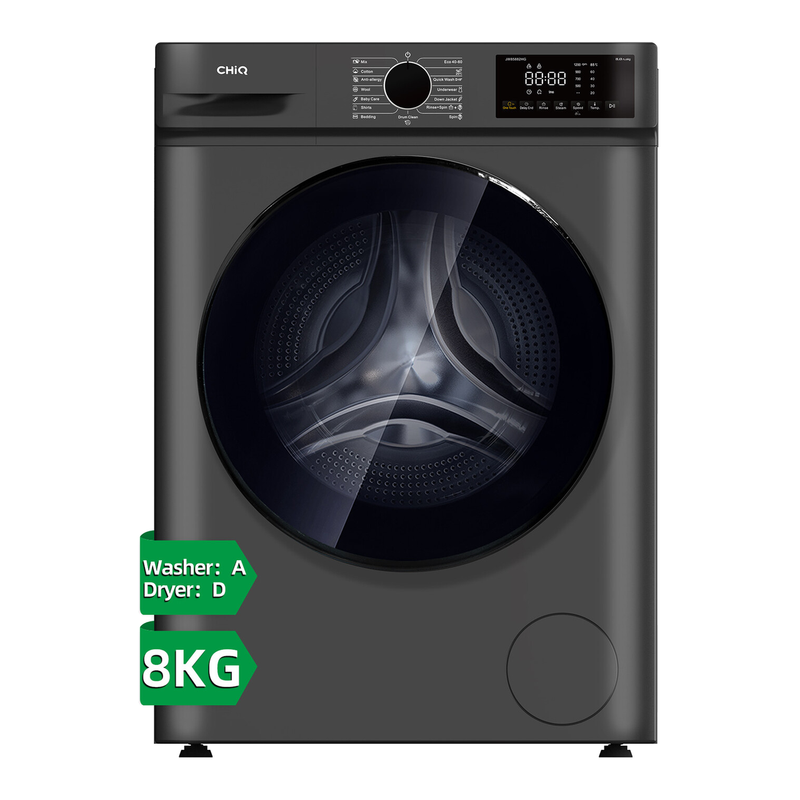 CHiQ was-droogcombinatie 8 kg, donkergrijs, counter depth, grote trommel, inverter motor, 1400 RPM, stoomfunctie, energieklasse A/D JW85882HG