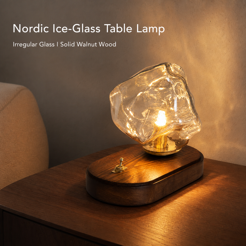 Mohheds Ice Block Nordic Glass Table Lamp, 3 Color Changing Solid Wood Base Ambient Desk Light for Bedroom, Living Room, Study, Housewarming Gift