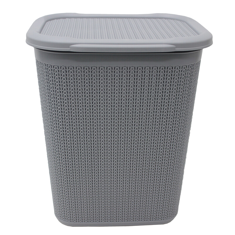Knit Design Loop Plastic Rectangular Lidded Laundry Basket – Grey