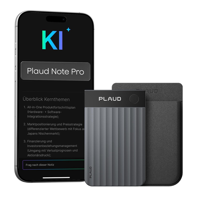 PLAUD Note Pro Sprachrecorder – 64 GB – 30 h Akkulaufzeit – 4 MEMS-Mikrofone – KI-gestützte Transkription & Zusammenfassungen – Multimodale Eingabe (Sprache, Text, Bild) – Kompatibel mit Android & iOS – Ultradünnes Aluminiumdesign – Schwarz