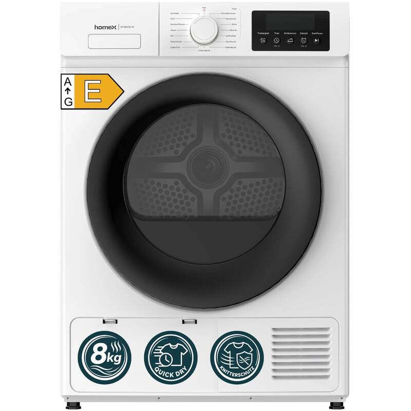 homeX WT8W1E-W Freistehender Wärmepumpentrockner – 8 kg Fassungsvermögen, 15 Trockenprogramme, Knitterschutz, Weiß
