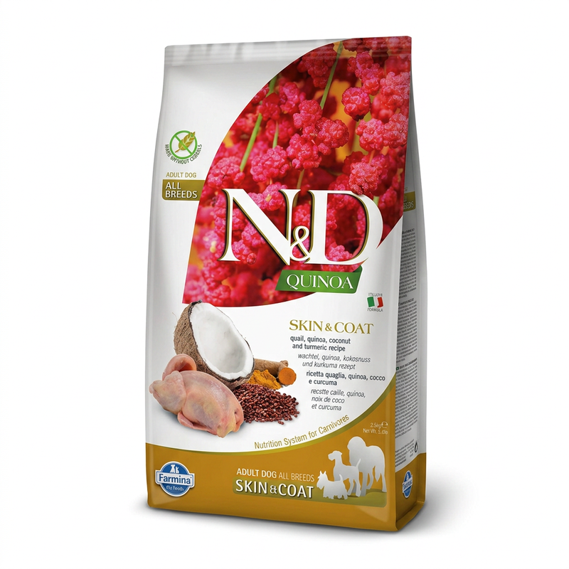 Farmina Quinoa Coat Formula (Kwartelvlees, quinoa, kokos en kurkuma) Volwassen hondenvoer 2,5 kg