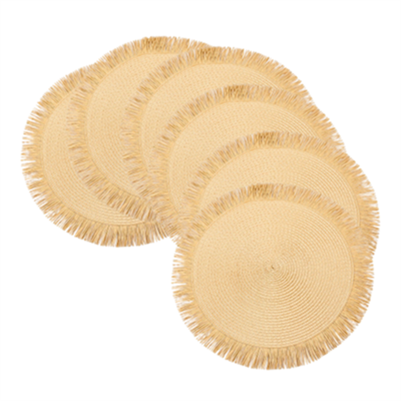 Round woven placemat 38cm PP paper fringed placemat straw yellow round table mat, nat