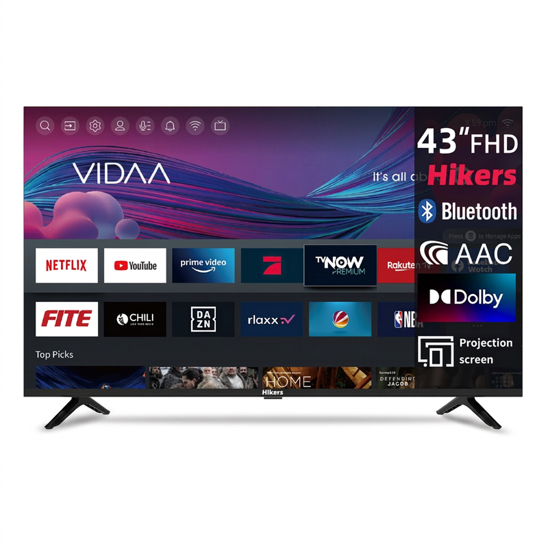 Hikers Smart TV 43 Zoll (108 cm) FHD LED Android TV mit WiFi, Bluetooth, YouTube, Netflix, Prime Video, Disney+ und Triple Tuner (DVB-C/S/S2/T/T2)