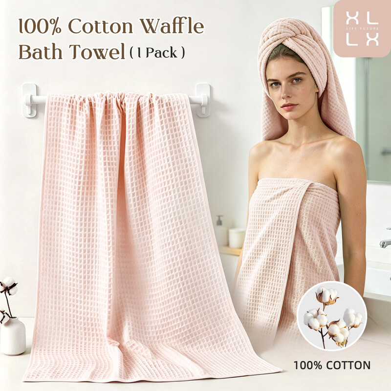XLLX 1 Stück Badetuch, 100 % Baumwolle, Weich & Schnelltrocknend - Waffelstruktur, Sehr Groß - 70 x 140 cm, Modernes, hochwertiges Design, Pink