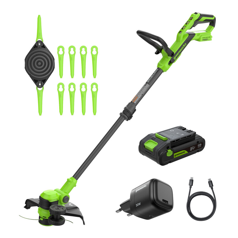 greenworks Coupe bordures sans balais 24 V Gen2 2 en 1 avec batterie pour petits et moyens jardins Hauteur réglable Largeur de coupe 30 cm Comprend 10 lames en plastique avec batterie 2 0 Ah et chargeur ST3002