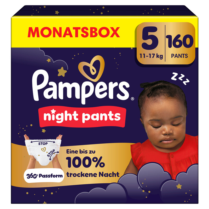 Pampers Night Pants Größe 5, 160 Windeln, 11–17 kg, bieten extra Schutz für die ganze Nacht