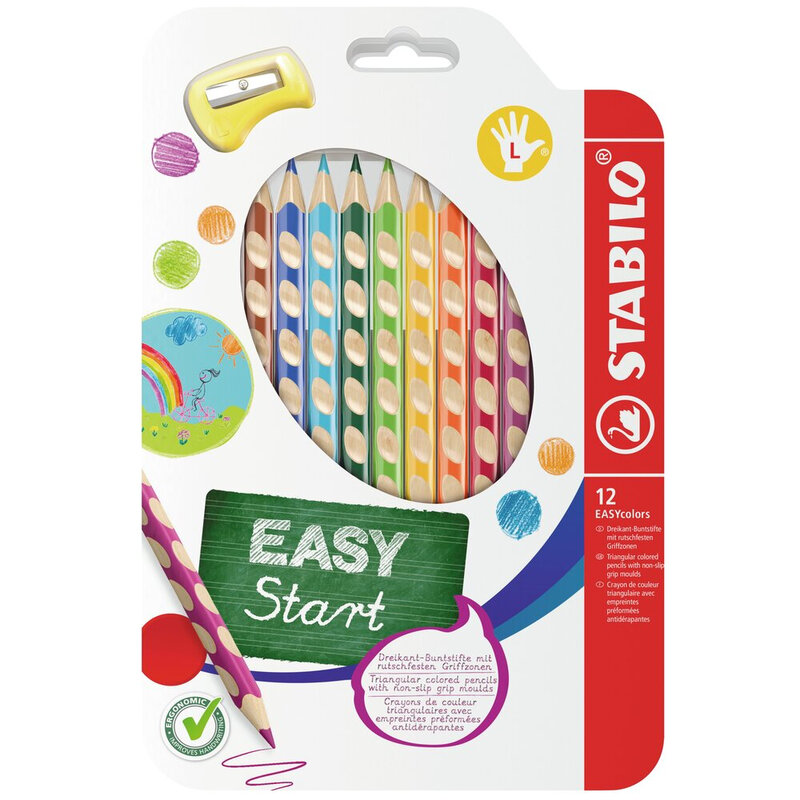 STABILO EASYcolors - Ergonomische Kleurpotlood - Linkshandig - Verpakking van 12 - Assortiment Kleuren met Slijper
