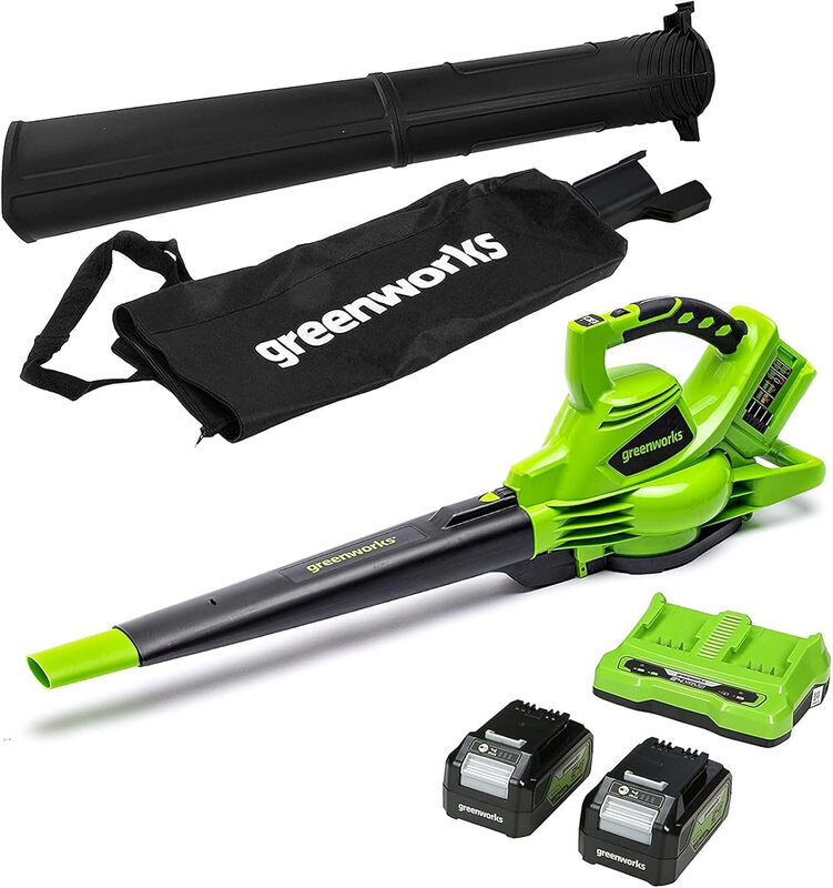 Greenworks 48V(24V X 2) Cordless Leaf Blower And Vacuum With 45L Mulching Bag & Shoulder Strap, 322Km/H ,9M³/Min, Two 24V 4Ah Batteries & Double Charger, 3 Year Guarantee Gd24x2bvk4x