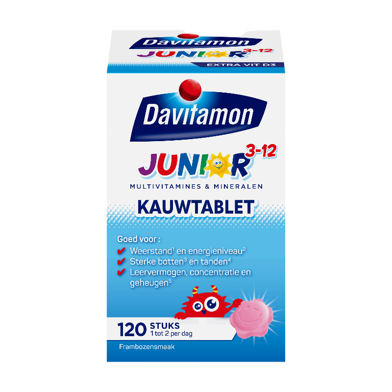 Davitamon Junior 3+ Junior Kauwtabletten Vitaminen Frambozensmaak 120 tb