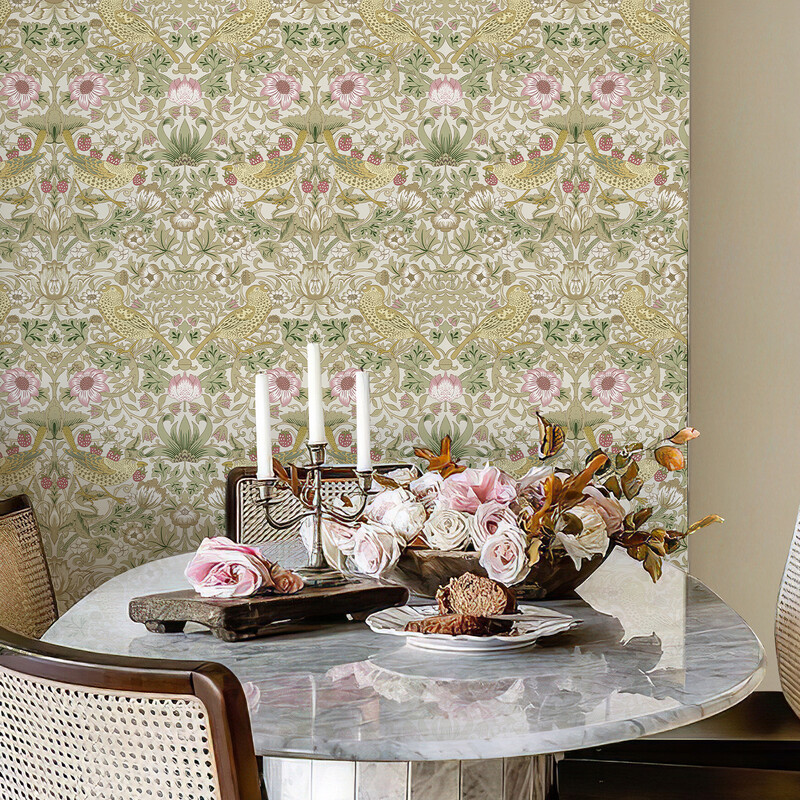 Strawberry Bird Peel and Stick Wallpaper White 44x305cm 1 Roll