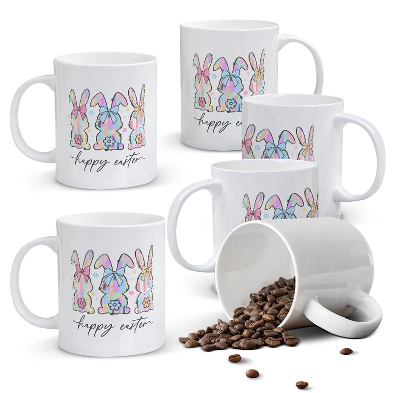 1pc Happy Easter Mug, 11oz Ceramic Coffee Cup with Three Back-View Bunnies and Pastel