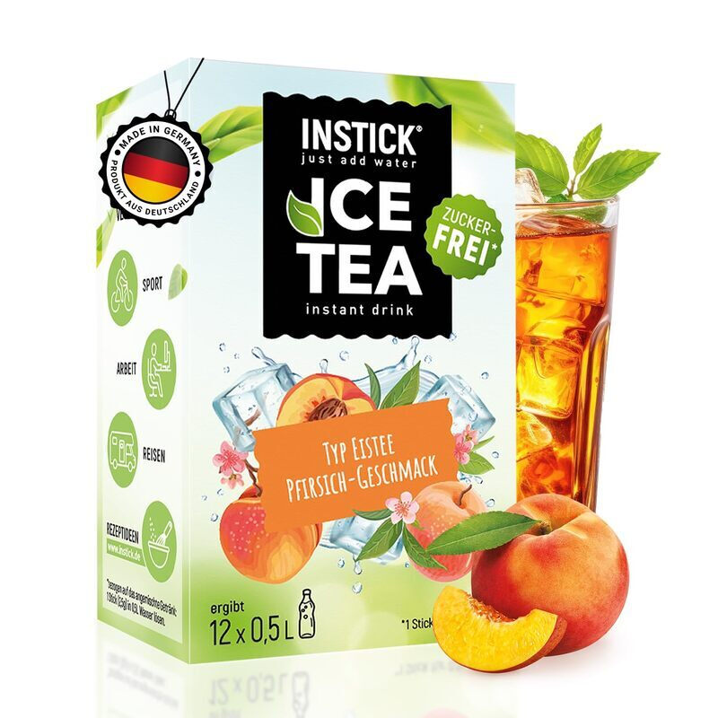 INSTICK Zuckerfreies Instant-Getränk (Eistee Pfirsich) - 1 Packung für 12 x 0,5-1 L - Veganes Getränkepulver Kalorienarm & Vitamin C - Instant-Pulver