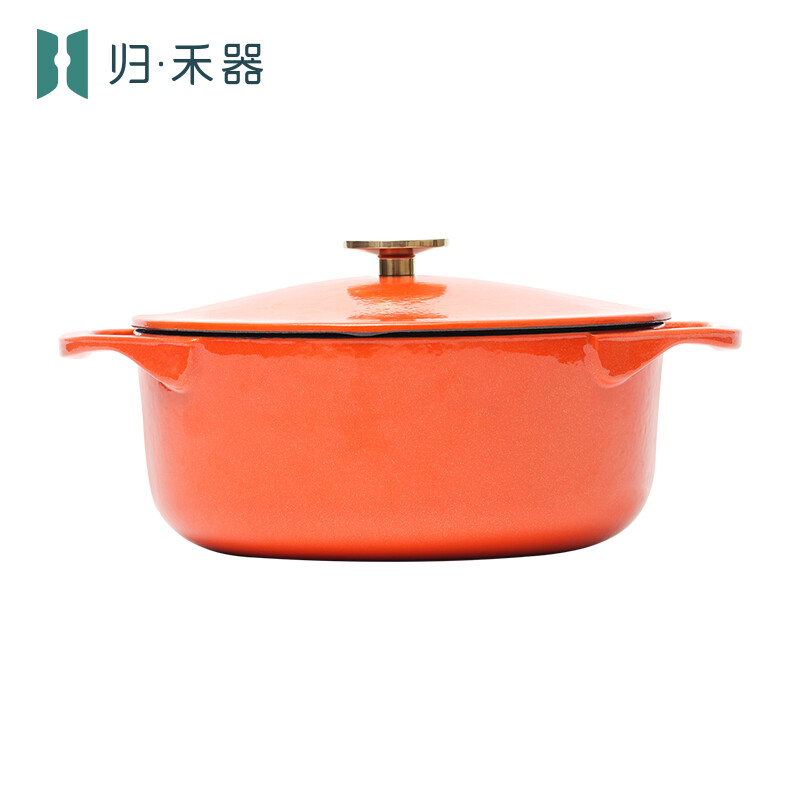 Guihe [Oranje Wens Geluksbrengend] Limited Edition Goudgekleurde Emaillepan Dubbele Handvatten Platte Bodem Microdruk Gietijzeren Soeppan Emaillepan - Scharlaken Kaki Oranje 22 cm 3 L