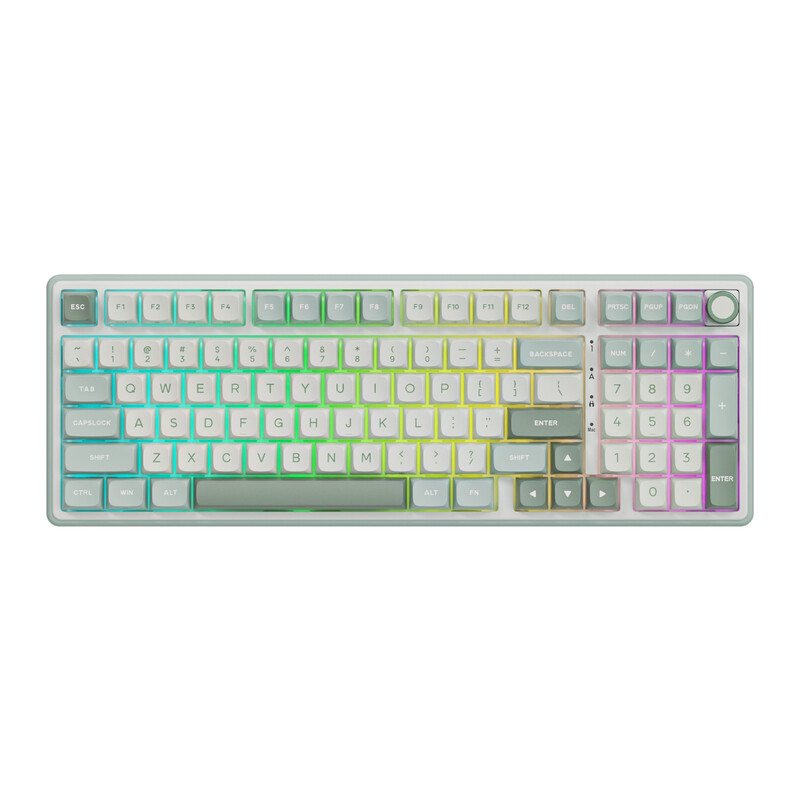 RK ROYAL KLUDGE R98 Pro bedraad mechanisch toetsenbord, gamingtoetsenbord met RGB-achtergrondverlichting met numeriek toetsenblok en volumeknop, pakkingmontage, PBT-toetsdoppen met MDA-profiel, tijdens gebruik verwisselbaar, kleur hemelscyaan, crèmekleuri