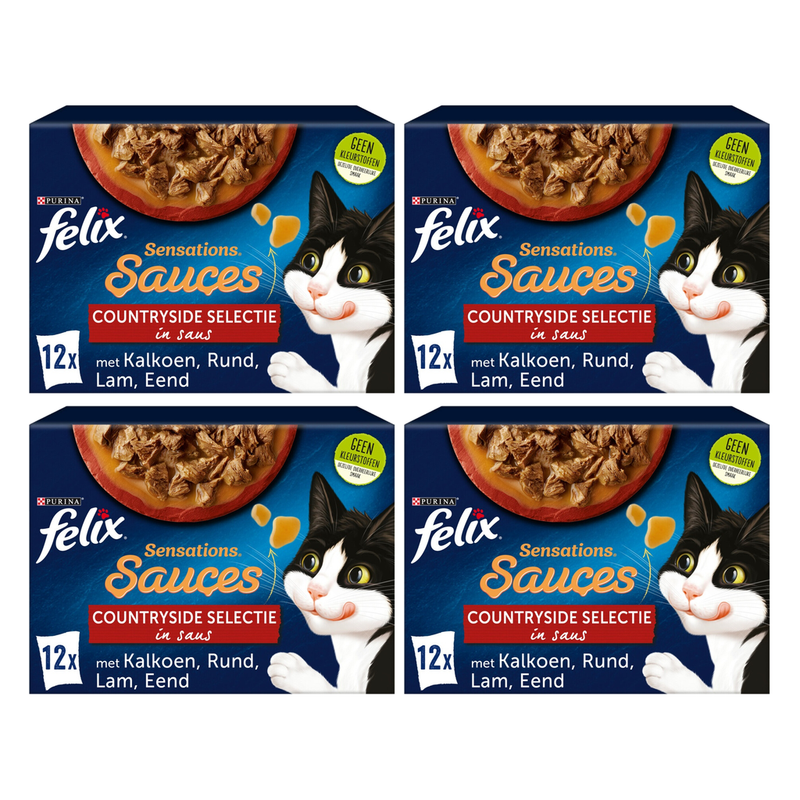Felix Sensations Sauces Sélection de la campagne Nourriture humide pour chats Dinde, bœuf et agneau 12*4 = 48 × 85 g