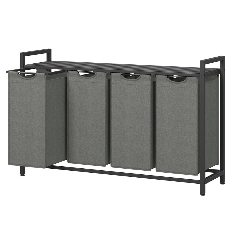 JOYFURNOS Wasmand met 4 Vakken en Uittrekbare & Uitneembare Binnenzakken, Plank – Metalen Frame, 4 x 40 L, 116 x 33 x 72 cm, Leigrijs & Antracietgrijs