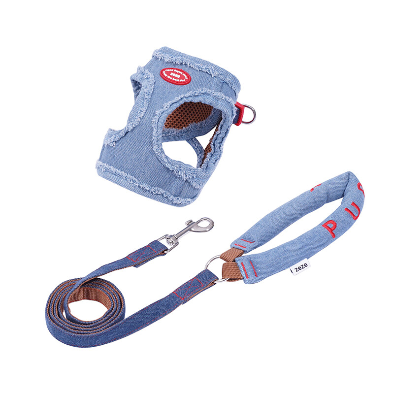 Denim Pet Harness & Leash Set, Adjustable Pet Travel Set (XS, fits 1.5 kg–3 kg)