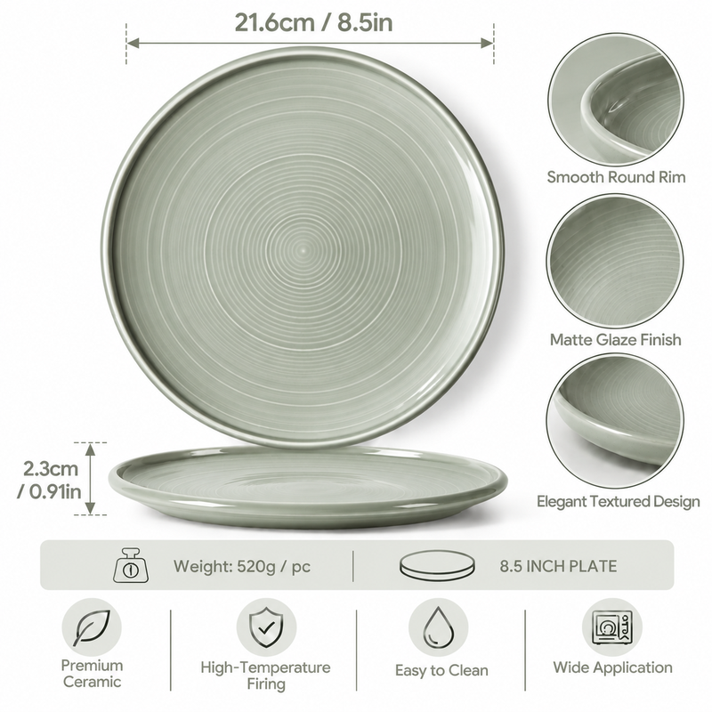 JIWOO Zen 8,5" eleganter Keramik-Flachteller glänzend hellgrün grau, 1 Stück