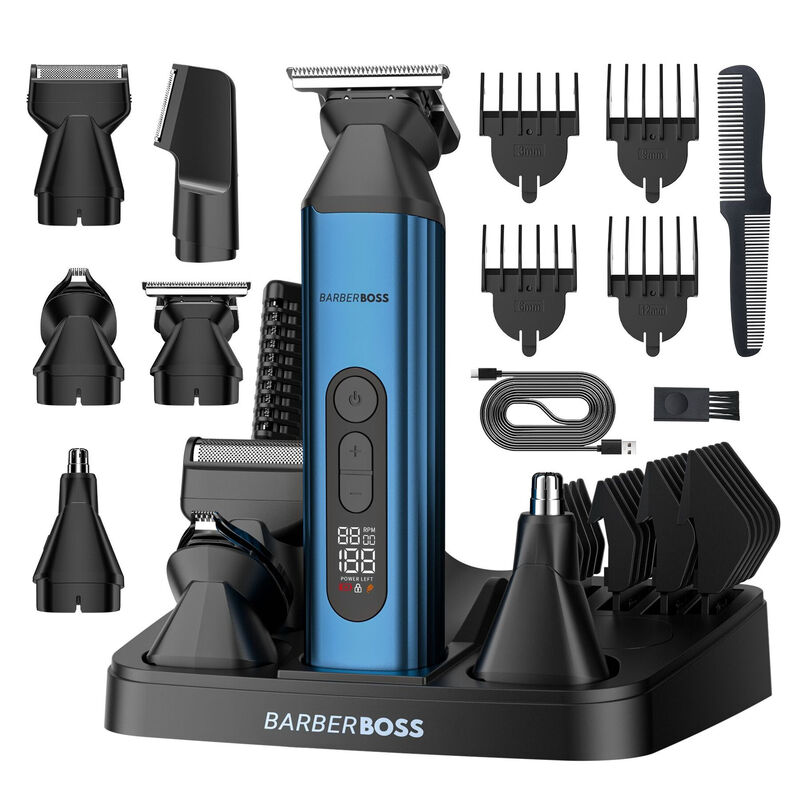 BarberBoss QR-6020 5-in-1 Beard Trimmer for Men, Hair Clipper & Body Groomer, Nose & Ear Trimmer, Waterproof, LED Display, USB-C Rechargeable