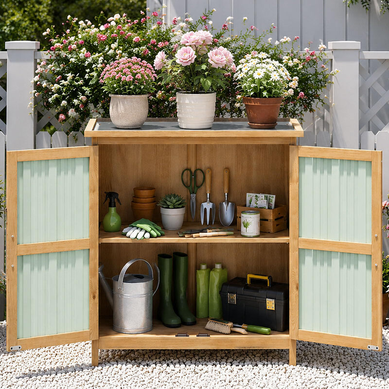 AOXUN Houten tuinopslagkast, Buitentoolshut met verstelbare planken, Weerbestendig toolsgaardhuisje, Magnetische deurslot, 81,5 x 34 x 96 cm, Zwart