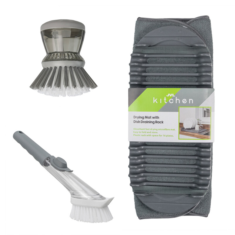 JVL Sesha Dish Drying Rack Mat & Soap Dispensing Dish Brush Kitchen Bundle