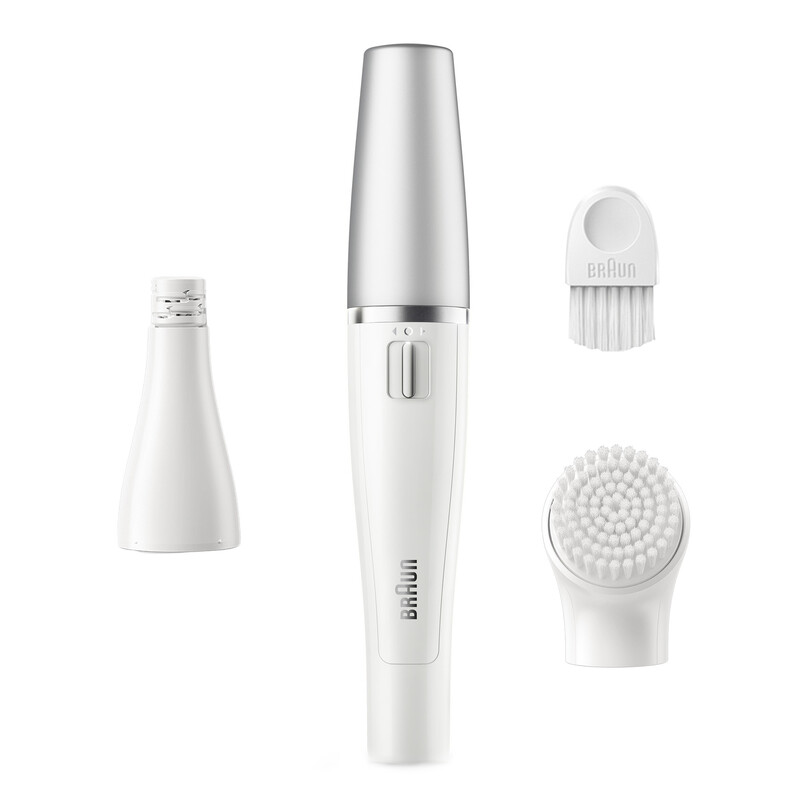 BRAUN FaceSpa Gesichtsepilierer & Reinigungssystem für gründliche Enthaarung und Reinigung, batteriebetrieben in Weiß/Silber.