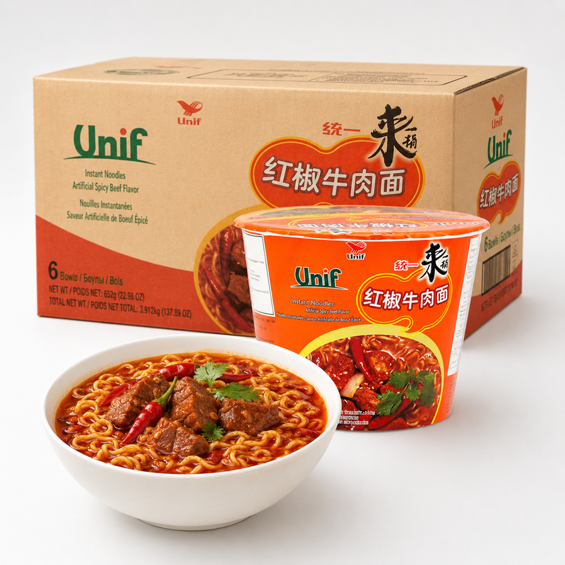 Uni-President Laiyitong instantnoedels met rode peper en rundvlees 110 g x 12 bekers (hele doos)