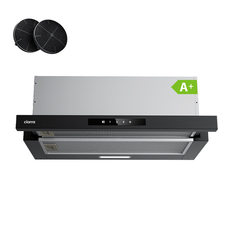 Ciarra 60cm Built-in Telescopic Cooker Hood 600m³/h, Pull-Out Extractor Hood With Touch Control, 3 Speed Fan, Led Lighting, Black Painted Finish,