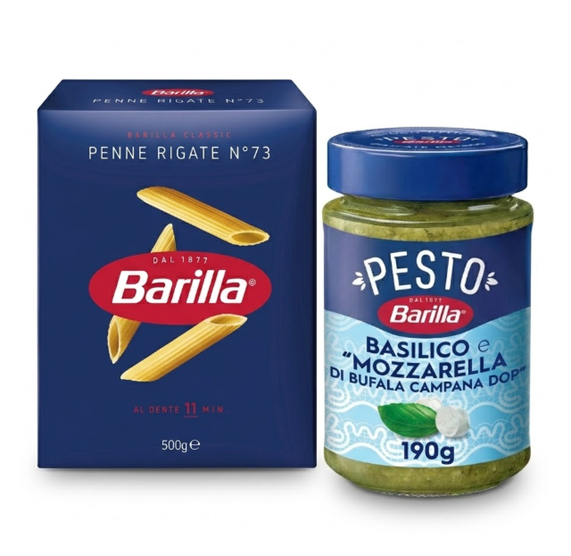 Vorteilspack Barilla Penne Rigate 500 g + Barilla Basilikumpesto mit Mozzarella 190 g