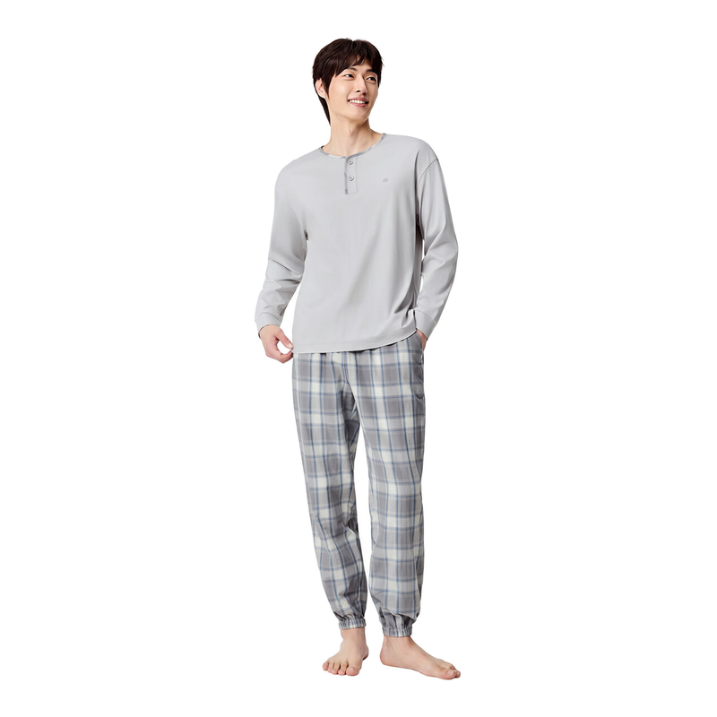 Purcotton Herren-Hausanzug-Set aus glänzender Baumwolle mit Oberteil und langer Hose aus Gaze, Mondschein-Felsgrau, Oberteil: UK 42 (XL); Hose: UK 36 (XL)