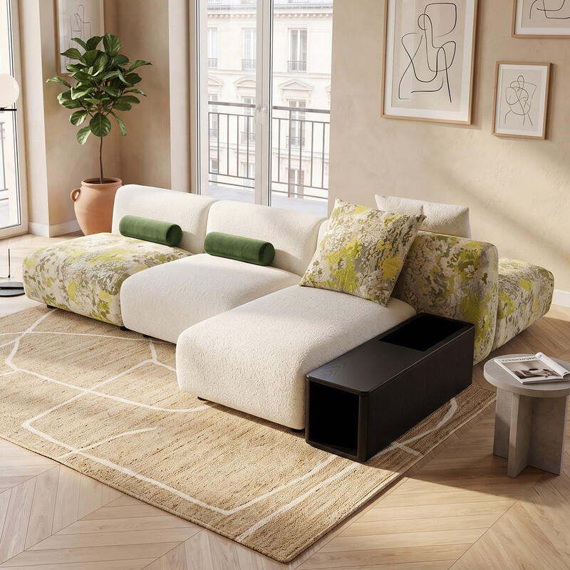 URBAN MEUBLE Landschafts-Serie L-förmiges Modulares Ecksofa - Creme & botanisches Muster-Stoff, 350*244*70 cm (1 Set)