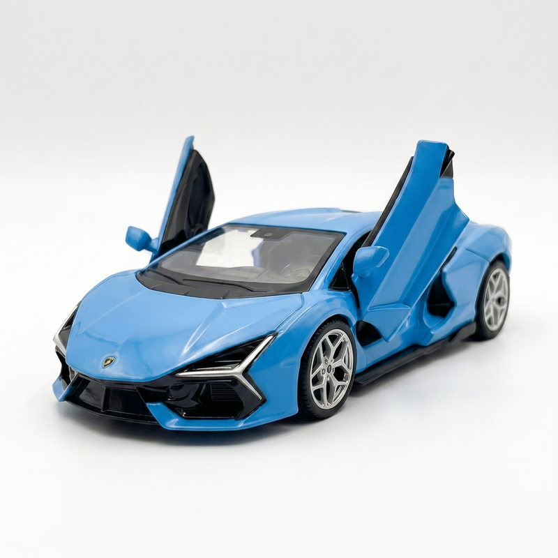 Lamborghini Revuelto 1:36 Model Vehicle - Matt Blue Alloy Finish, Opening Doors, Pull Back Play