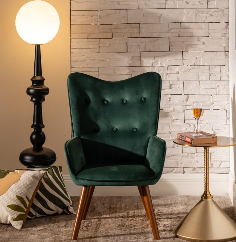 URBAN MEUBLE Furniture Elegant Velvet Green Armchair with Wooden Legs – Modern Living Room Comfort Seating
