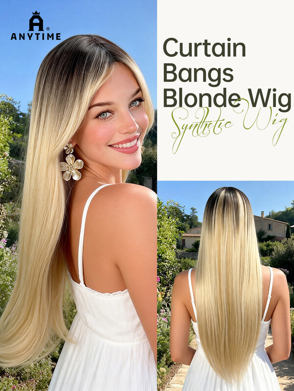 ANYTIME Lange Losse Golvende Synthetische Haarpruik voor Dames, 26 Inch Donkere Aanzet Ombre Platina Blonde Highlight Haarpruik met Curtain Bangs, Natuurlijke Gelaagde Hittebestendige Haarpruik voor Dagelijks Gebruik, Feest en Cosplay