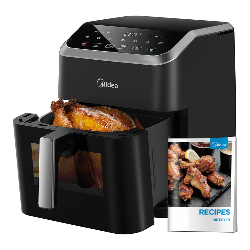 Midea 7 L Airfryer met HeatXpress-technologie, 90% minder olie, energiebesparend en tijdbesparend met 7 voorgeprogrammeerde standen, verlicht kijkvenster, antiaanbaklaag, zwart