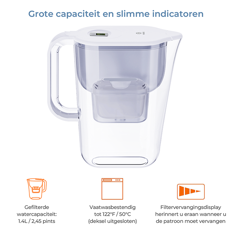 WOOX MX0200 waterfilterkan, totale capaciteit 2,4 l, bevat 1,4 l gefilterd water, vaatwasserbestendig tot 122 °F, elektronisch display met herinnering, gebruiksduur ongeveer 35 dagen